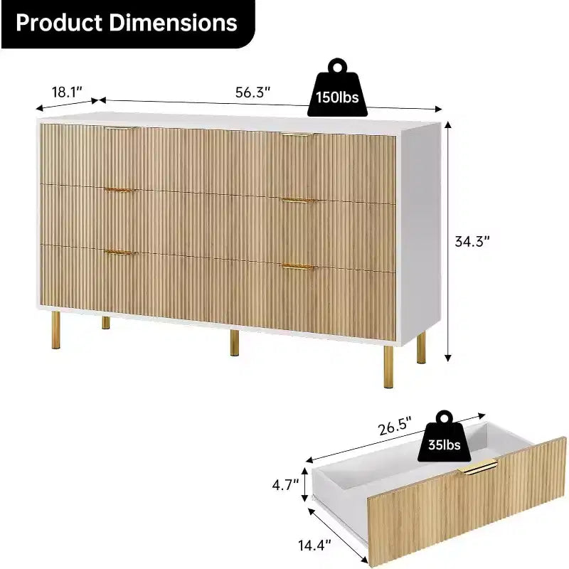 Dresser, Modern 6 Drawer Dresser for Bedroom with Gold Handle and Large Drawer, Wood Double Chest of Drawers and Storage Organizer