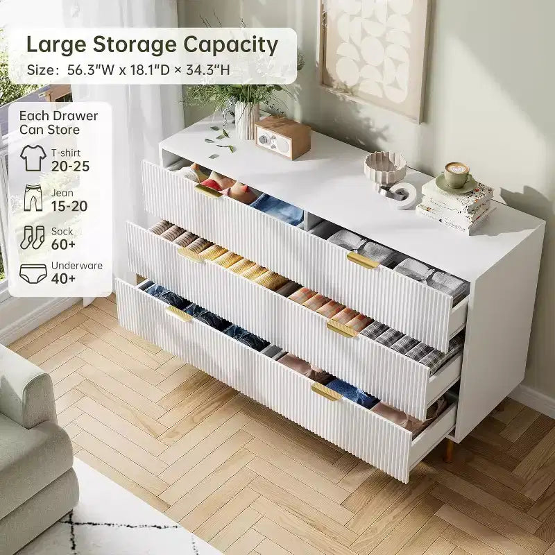 Dresser, Modern 6 Drawer Dresser for Bedroom with Gold Handle and Large Drawer, Wood Double Chest of Drawers and Storage Organizer