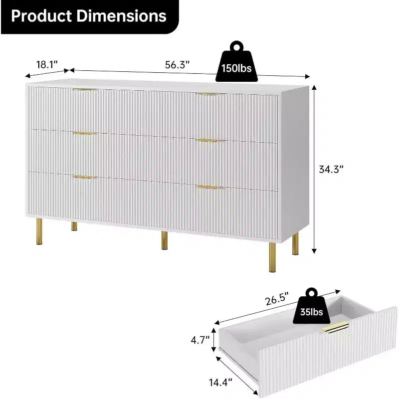 Dresser, Modern 6 Drawer Dresser for Bedroom with Gold Handle and Large Drawer, Wood Double Chest of Drawers and Storage Organizer