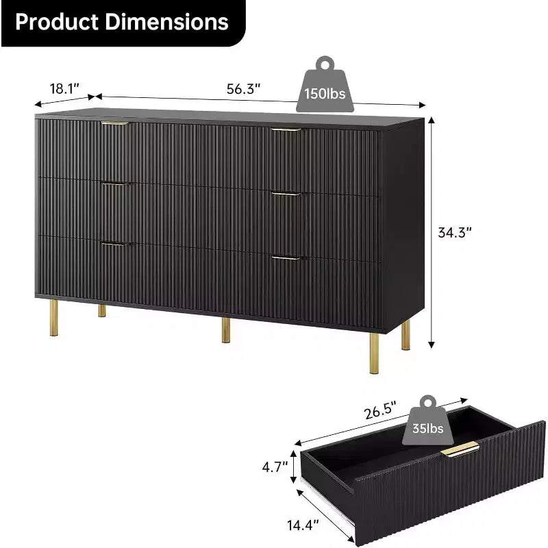 Dresser, Modern 6 Drawer Dresser for Bedroom with Gold Handle and Large Drawer, Wood Double Chest of Drawers and Storage Organizer