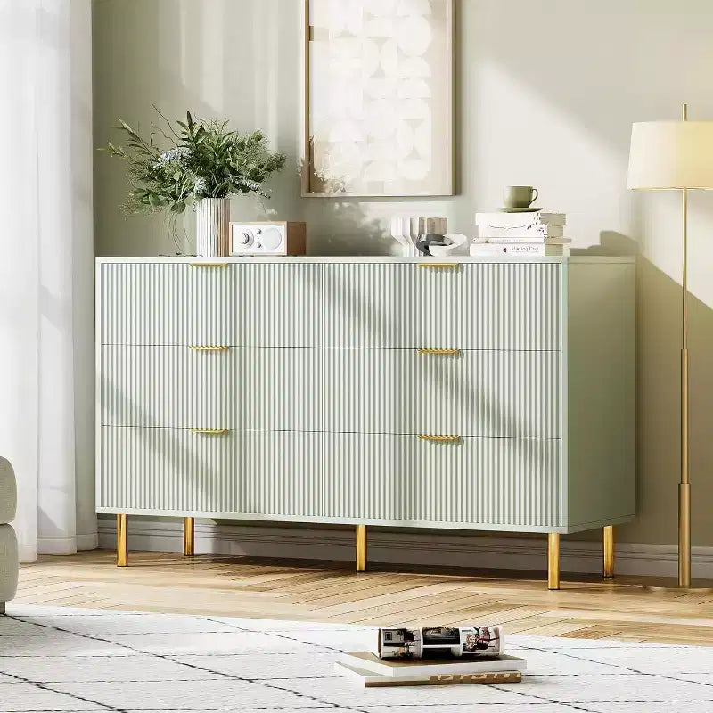 Dresser, Modern 6 Drawer Dresser for Bedroom with Gold Handle and Large Drawer, Wood Double Chest of Drawers and Storage Organizer