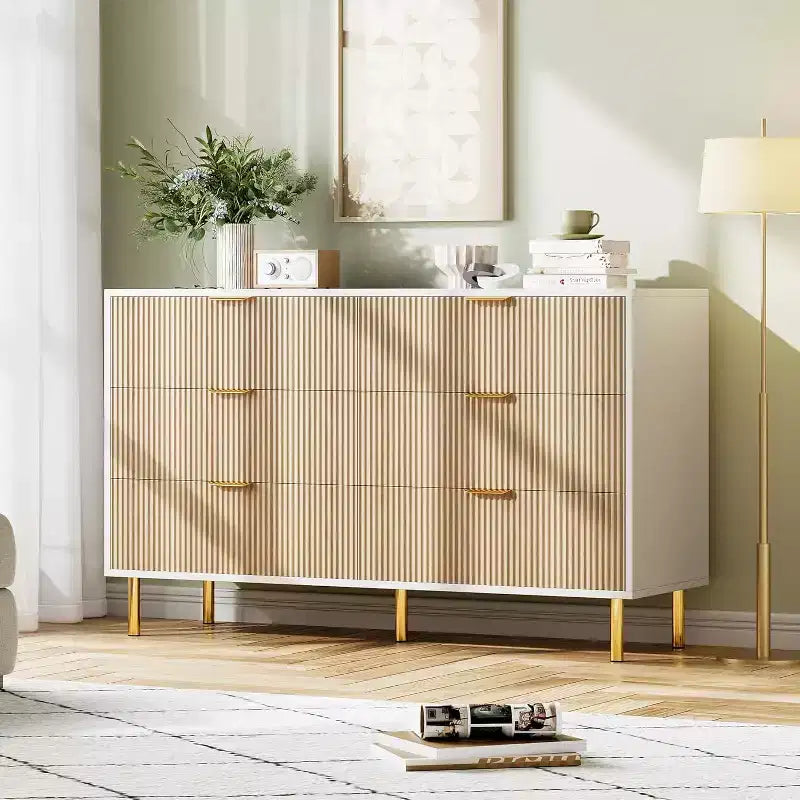Dresser, Modern 6 Drawer Dresser for Bedroom with Gold Handle and Large Drawer, Wood Double Chest of Drawers and Storage Organizer