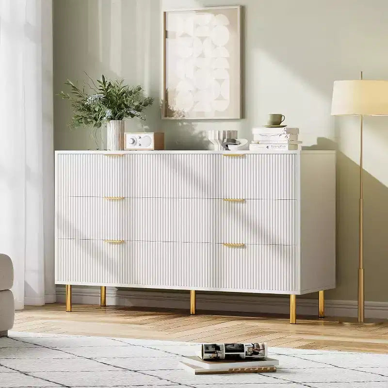 Dresser, Modern 6 Drawer Dresser for Bedroom with Gold Handle and Large Drawer, Wood Double Chest of Drawers and Storage Organizer
