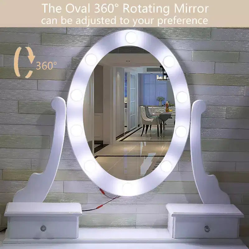 GustoWave Vanity Desk, Vanity Mirror with Lights and Table Set with 5 Drawers, Wood Makeup Dressing Table with Oval Mirror & Stool for Bedroom