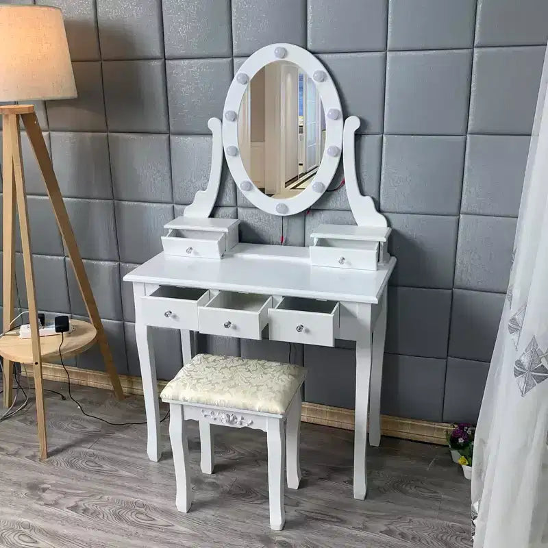 GustoWave Vanity Desk, Vanity Mirror with Lights and Table Set with 5 Drawers, Wood Makeup Dressing Table with Oval Mirror & Stool for Bedroom