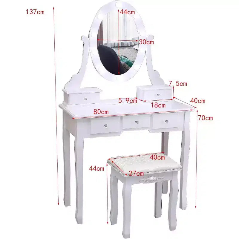 GustoWave Vanity Desk, Vanity Mirror with Lights and Table Set with 5 Drawers, Wood Makeup Dressing Table with Oval Mirror & Stool for Bedroom