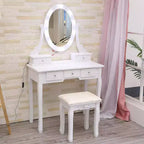 GustoWave Vanity Desk, Vanity Mirror with Lights and Table Set with 5 Drawers, Wood Makeup Dressing Table with Oval Mirror & Stool for Bedroom