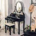GustoWave Vanity Desk, Vanity Mirror with Lights and Table Set with 5 Drawers, Wood Makeup Dressing Table with Oval Mirror & Stool for Bedroom