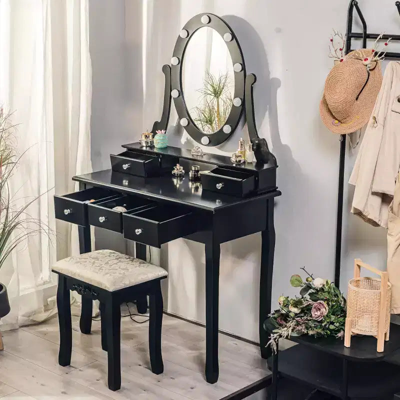 GustoWave Vanity Desk, Vanity Mirror with Lights and Table Set with 5 Drawers, Wood Makeup Dressing Table with Oval Mirror & Stool for Bedroom