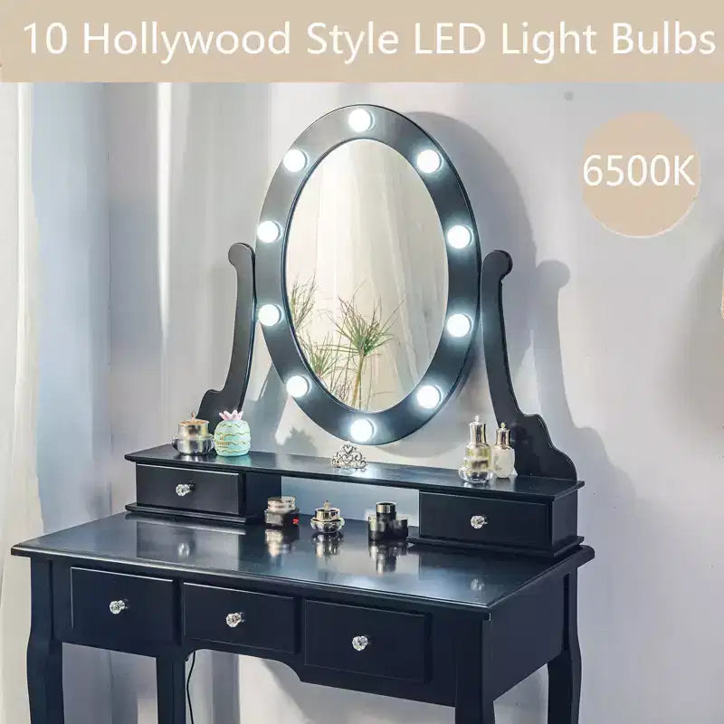 GustoWave Vanity Desk, Vanity Mirror with Lights and Table Set with 5 Drawers, Wood Makeup Dressing Table with Oval Mirror & Stool for Bedroom
