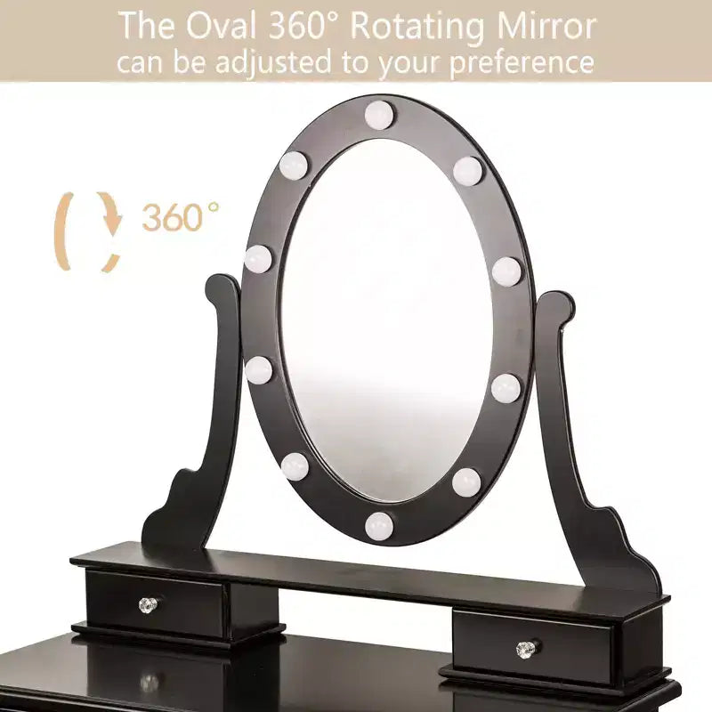 GustoWave Vanity Desk, Vanity Mirror with Lights and Table Set with 5 Drawers, Wood Makeup Dressing Table with Oval Mirror & Stool for Bedroom