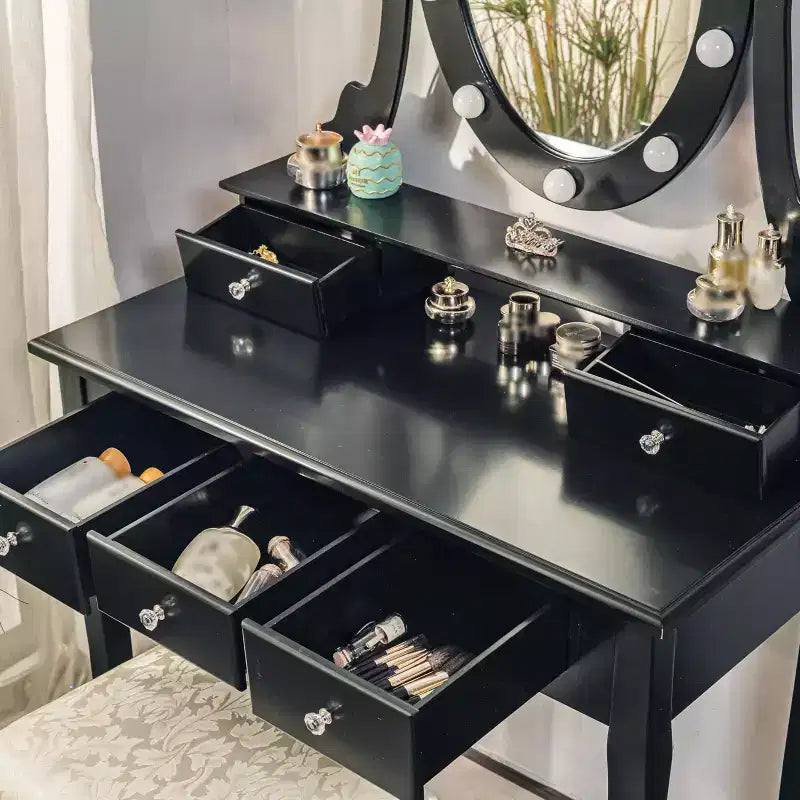 GustoWave Vanity Desk, Vanity Mirror with Lights and Table Set with 5 Drawers, Wood Makeup Dressing Table with Oval Mirror & Stool for Bedroom
