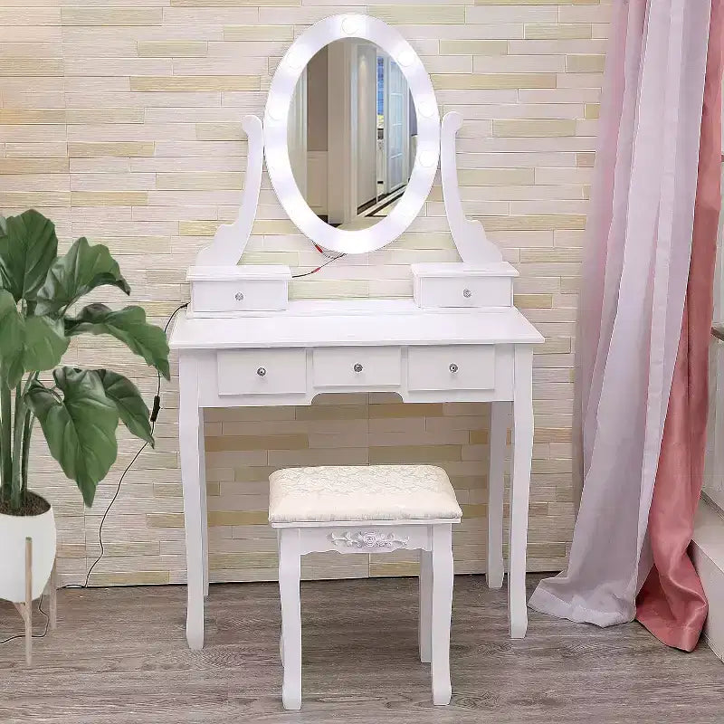 GustoWave Vanity Desk, Vanity Mirror with Lights and Table Set with 5 Drawers, Wood Makeup Dressing Table with Oval Mirror & Stool for Bedroom