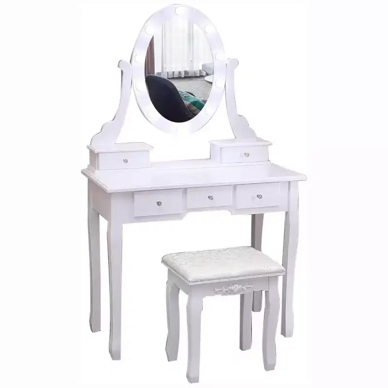 GustoWave Vanity Desk, Vanity Mirror with Lights and Table Set with 5 Drawers, Wood Makeup Dressing Table with Oval Mirror & Stool for Bedroom