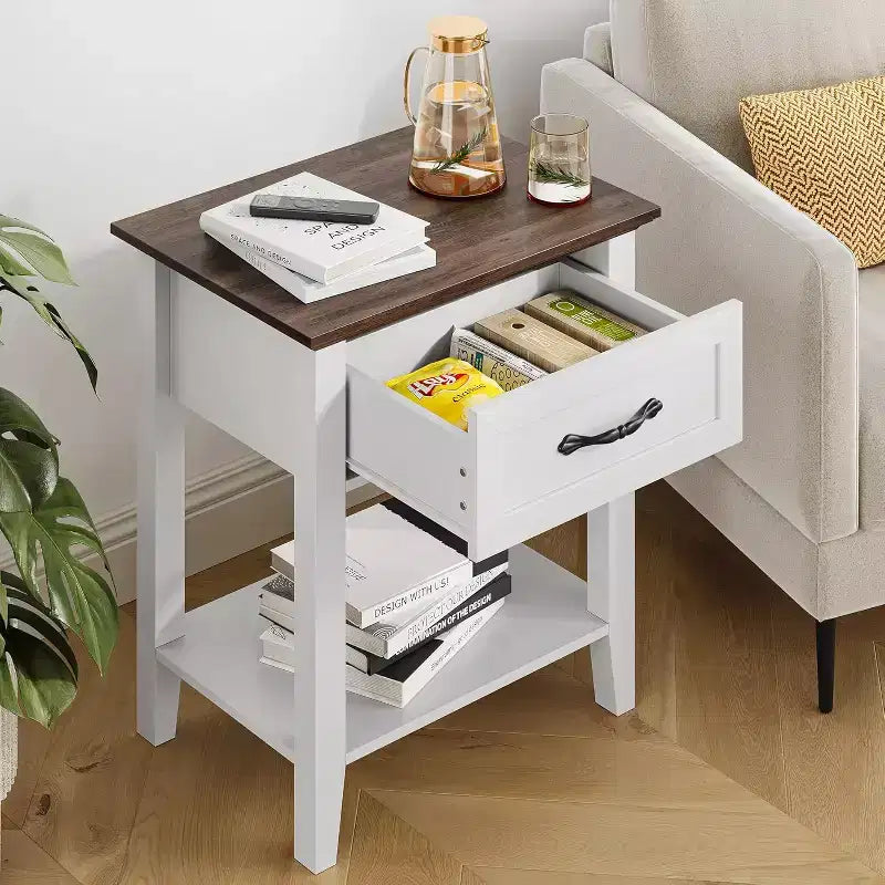 Nightstand with Drawer and 2-Tier Storage Shelves, Versatile End Table for Bedroom, Living Room, Dorm, and Small Spaces