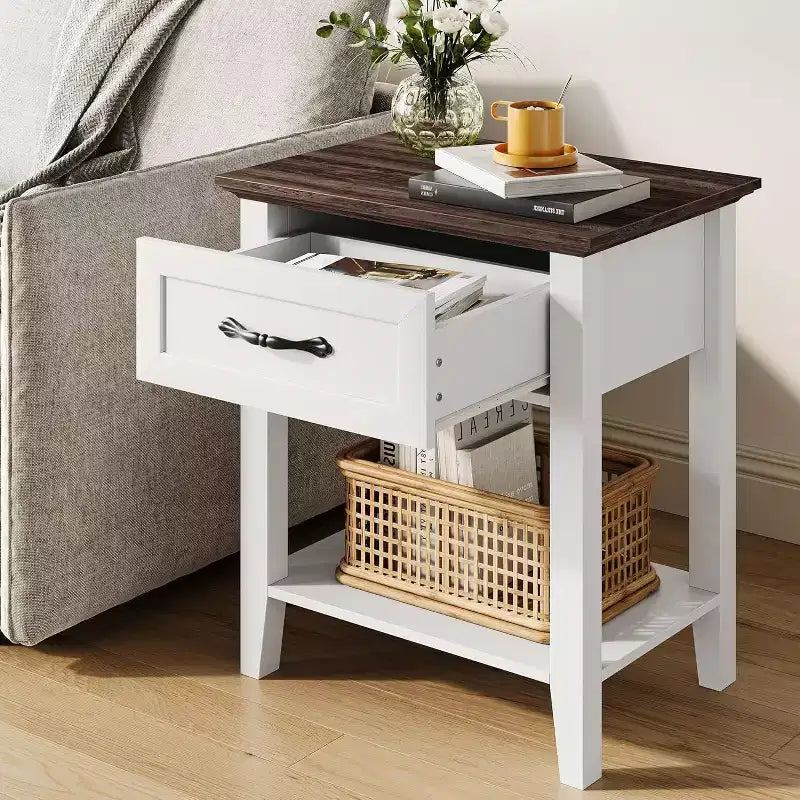Nightstand with Drawer and 2-Tier Storage Shelves, Versatile End Table for Bedroom, Living Room, Dorm, and Small Spaces