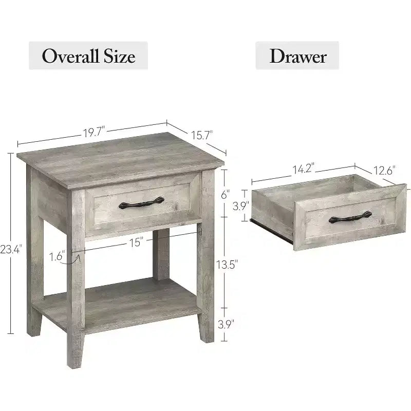 Nightstand with Drawer and 2-Tier Storage Shelves, Versatile End Table for Bedroom, Living Room, Dorm, and Small Spaces