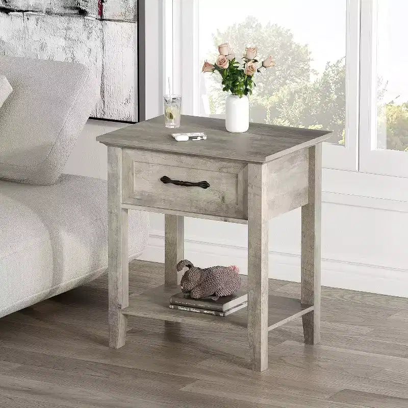 Nightstand with Drawer and 2-Tier Storage Shelves, Versatile End Table for Bedroom, Living Room, Dorm, and Small Spaces