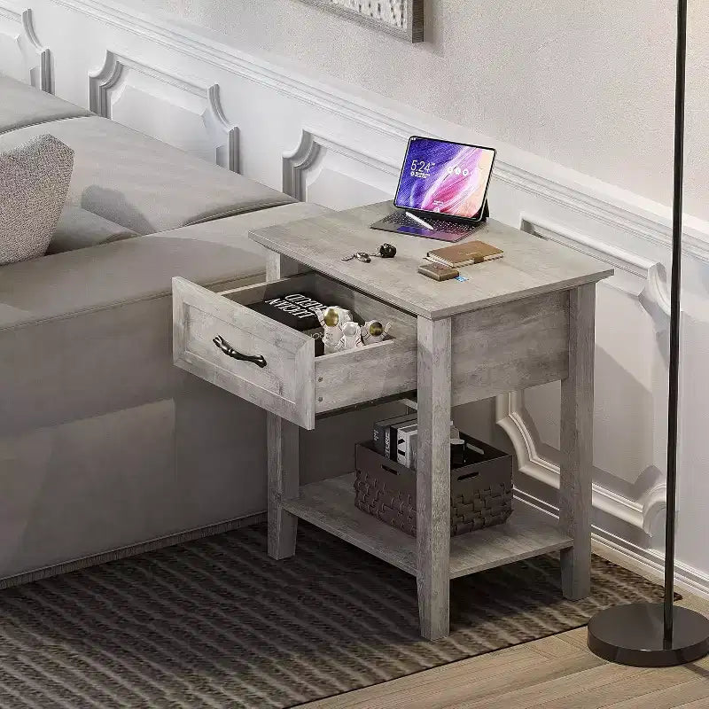 Nightstand with Drawer and 2-Tier Storage Shelves, Versatile End Table for Bedroom, Living Room, Dorm, and Small Spaces