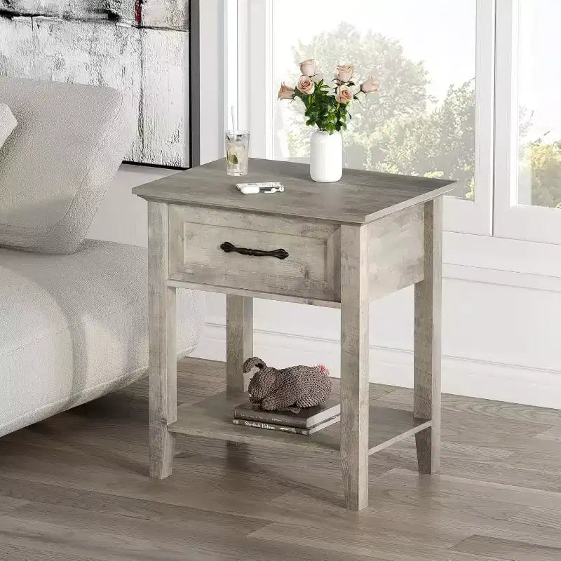 Nightstand with Drawer and 2-Tier Storage Shelves, Versatile End Table for Bedroom, Living Room, Dorm, and Small Spaces