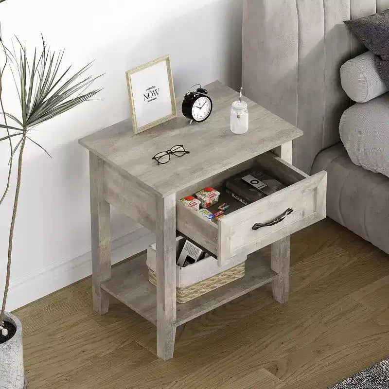 Nightstand with Drawer and 2-Tier Storage Shelves, Versatile End Table for Bedroom, Living Room, Dorm, and Small Spaces