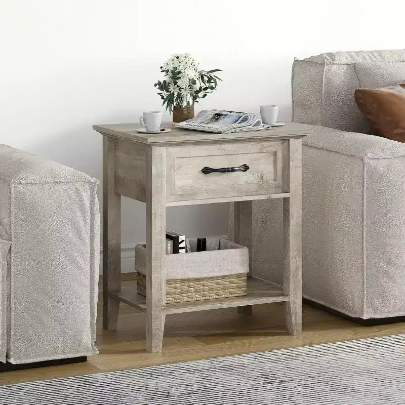 Nightstand with Drawer and 2-Tier Storage Shelves, Versatile End Table for Bedroom, Living Room, Dorm, and Small Spaces