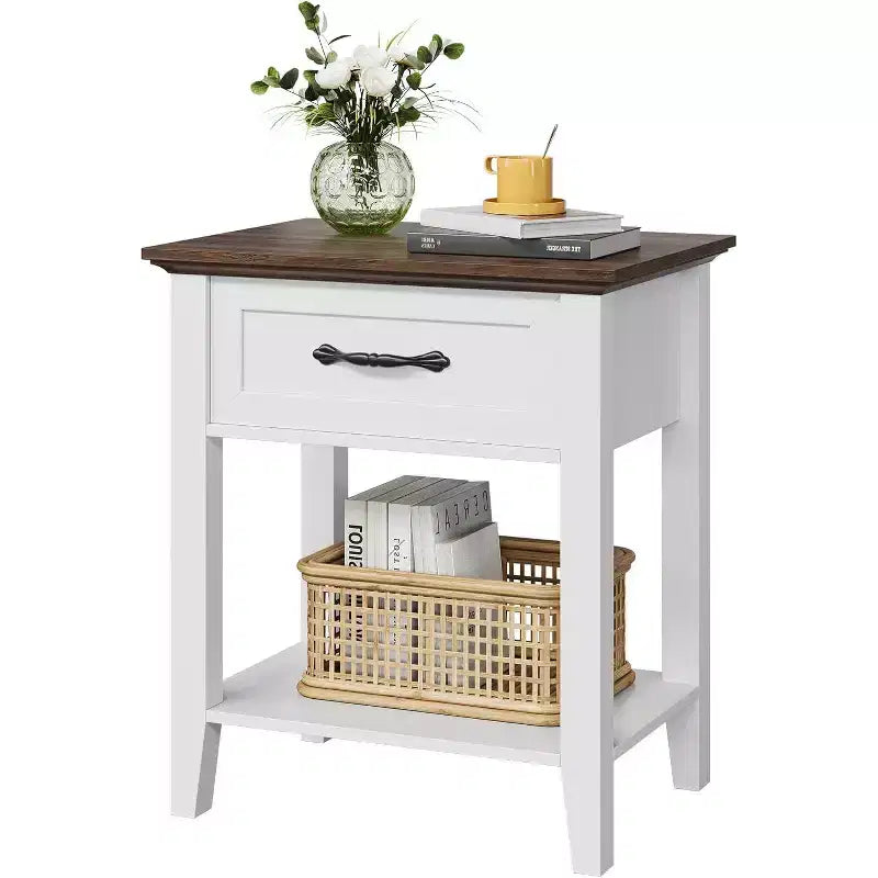 Nightstand with Drawer and 2-Tier Storage Shelves, Versatile End Table for Bedroom, Living Room, Dorm, and Small Spaces