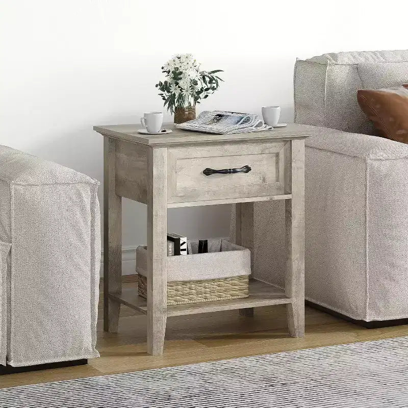 Nightstand with Drawer and 2-Tier Storage Shelves, Versatile End Table for Bedroom, Living Room, Dorm, and Small Spaces