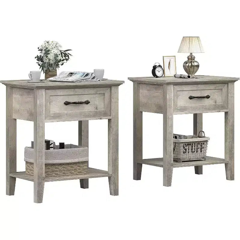 Nightstand with Drawer and 2-Tier Storage Shelves, Versatile End Table for Bedroom, Living Room, Dorm, and Small Spaces