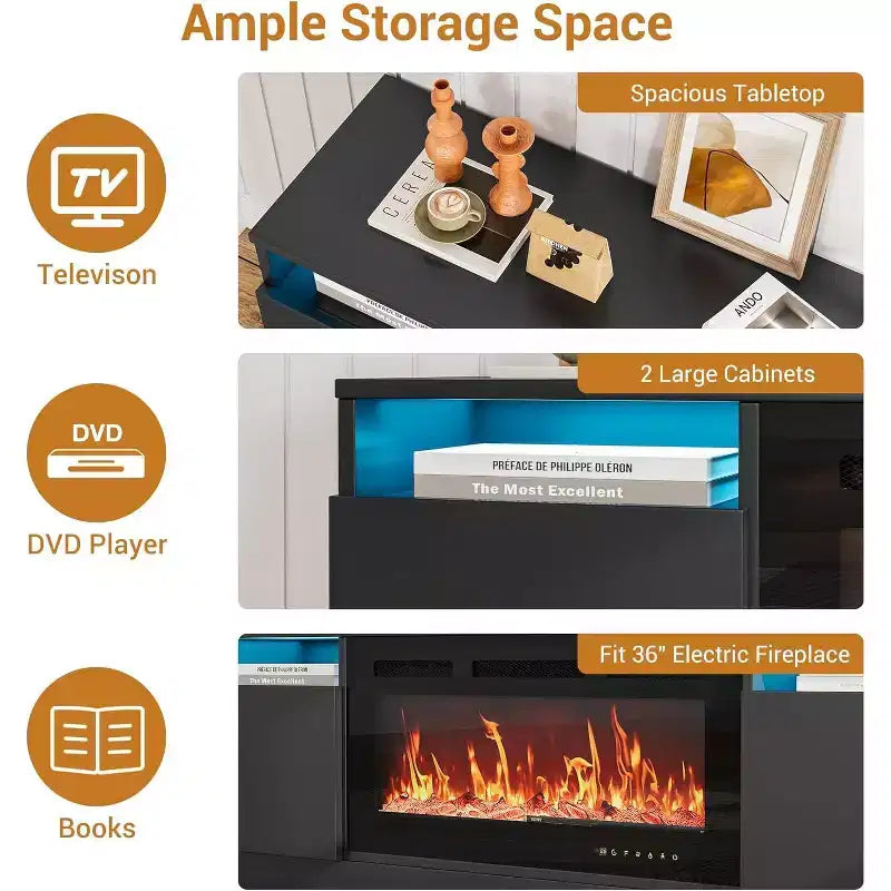 TV Stand for TV Up to 75 Inch, Modern Entertainment Center with Storage Cabinet, Fits into 36 Electric Fireplace
