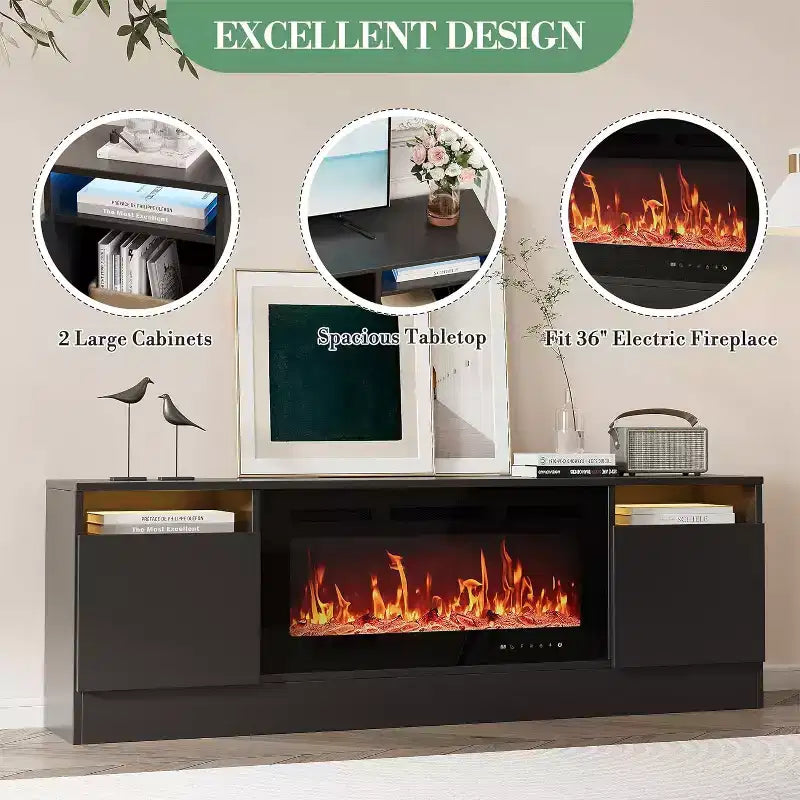 TV Stand for TV Up to 75 Inch, Modern Entertainment Center with Storage Cabinet, Fits into 36 Electric Fireplace