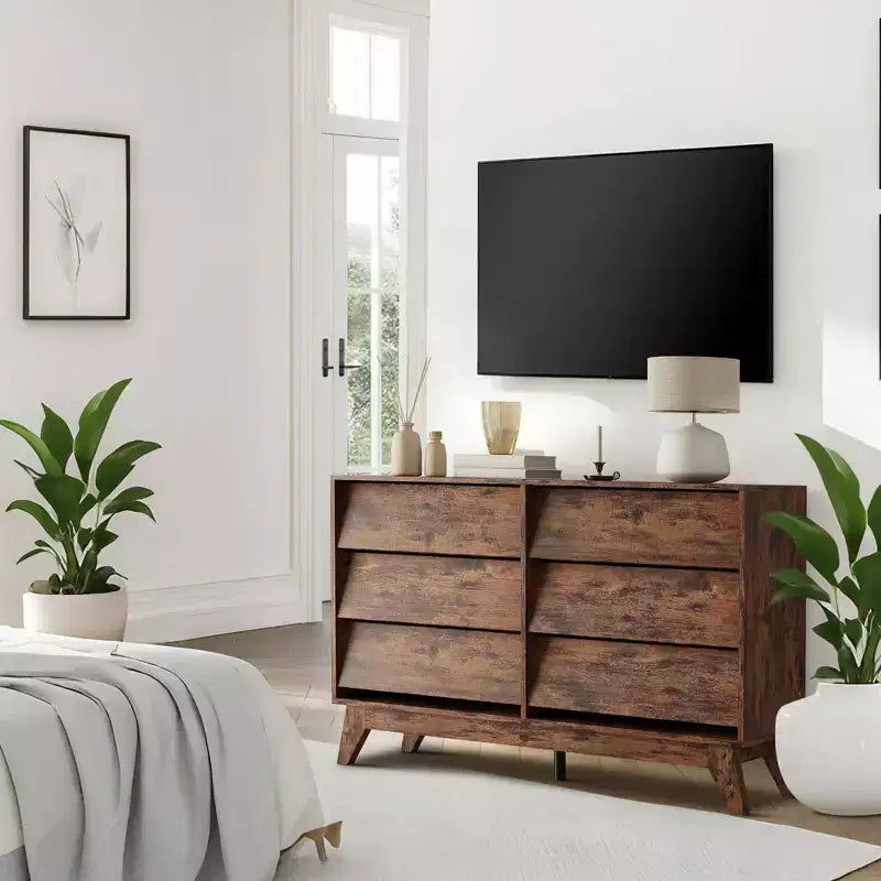 6 Drawer Dresser, 57 Wide Vintage Chest of Drawers with Bevel Design, Modern Dresser TV Stand for Bedroom, Living Room, Entryway and Closet