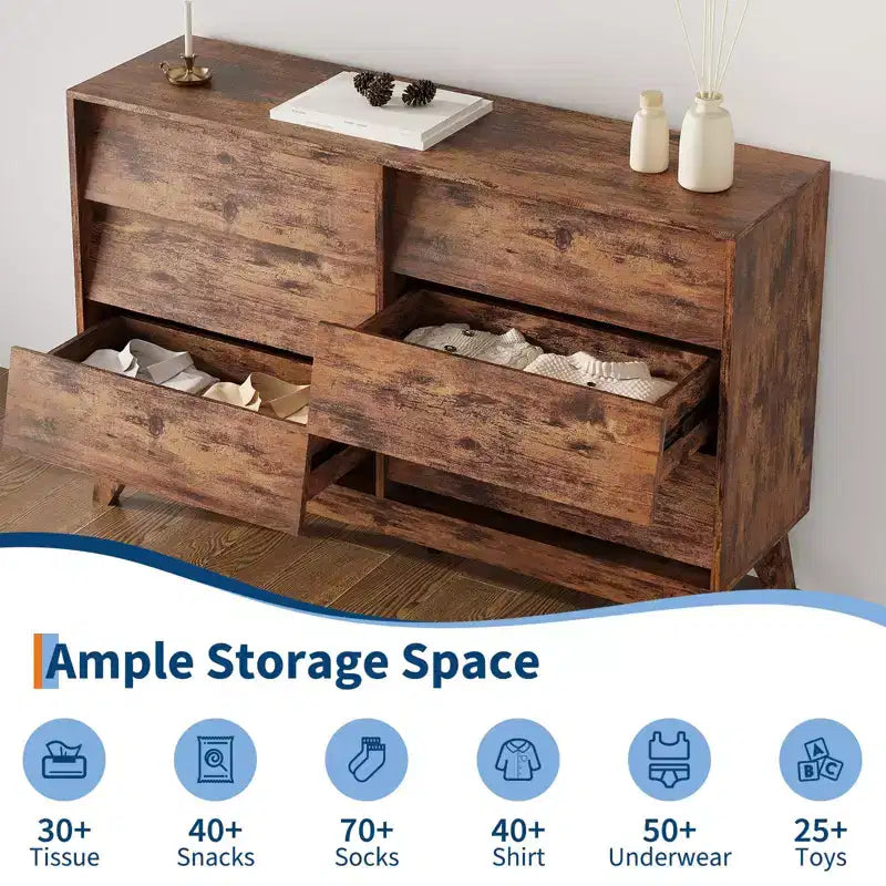 6 Drawer Dresser, 57 Wide Vintage Chest of Drawers with Bevel Design, Modern Dresser TV Stand for Bedroom, Living Room, Entryway and Closet