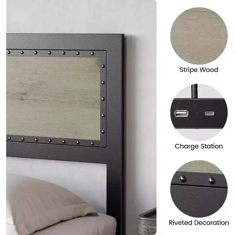 Bed Frame with Charging Station, Industrial Design Platform Bed Frame with Headboard and Metal Slated Frame, No Spring Box Need, Easy Assembly