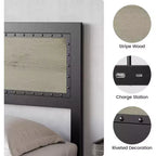 Bed Frame with Charging Station, Industrial Design Platform Bed Frame with Headboard and Metal Slated Frame, No Spring Box Need, Easy Assembly