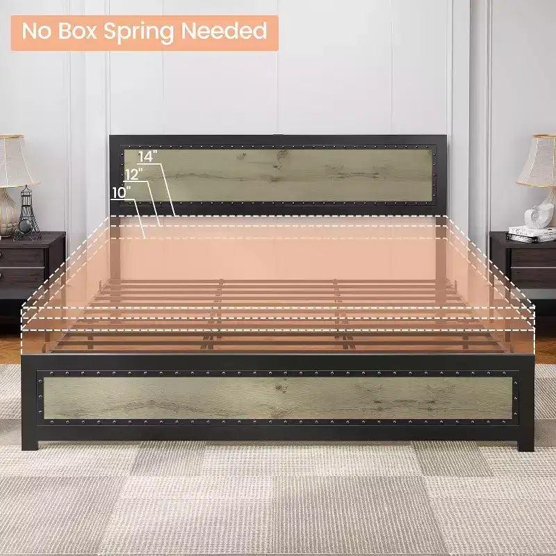 Bed Frame with Charging Station, Industrial Design Platform Bed Frame with Headboard and Metal Slated Frame, No Spring Box Need, Easy Assembly