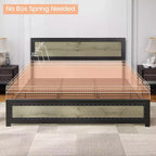 Bed Frame with Charging Station, Industrial Design Platform Bed Frame with Headboard and Metal Slated Frame, No Spring Box Need, Easy Assembly