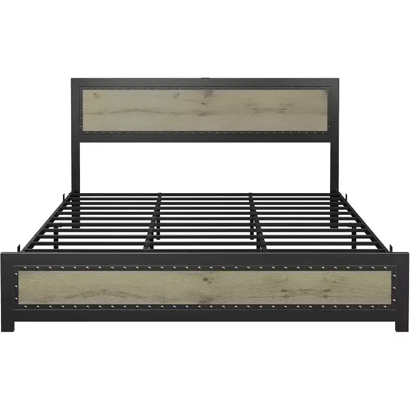 Bed Frame with Charging Station, Industrial Design Platform Bed Frame with Headboard and Metal Slated Frame, No Spring Box Need, Easy Assembly