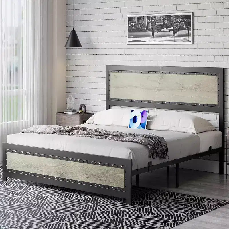 Bed Frame with Charging Station, Industrial Design Platform Bed Frame with Headboard and Metal Slated Frame, No Spring Box Need, Easy Assembly