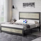 Bed Frame with Charging Station, Industrial Design Platform Bed Frame with Headboard and Metal Slated Frame, No Spring Box Need, Easy Assembly