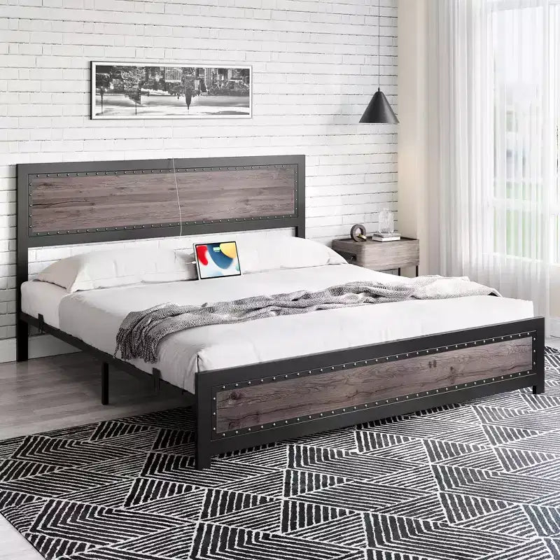 Bed Frame with Charging Station, Industrial Design Platform Bed Frame with Headboard and Metal Slated Frame, No Spring Box Need, Easy Assembly