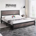 Bed Frame with Charging Station, Industrial Design Platform Bed Frame with Headboard and Metal Slated Frame, No Spring Box Need, Easy Assembly