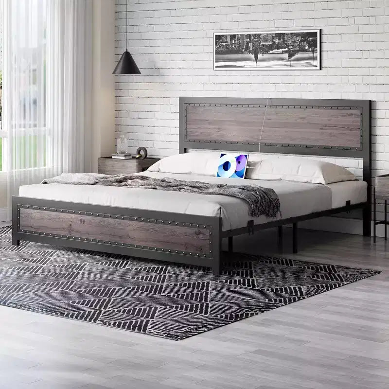 Bed Frame with Charging Station, Industrial Design Platform Bed Frame with Headboard and Metal Slated Frame, No Spring Box Need, Easy Assembly