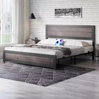 Bed Frame with Charging Station, Industrial Design Platform Bed Frame with Headboard and Metal Slated Frame, No Spring Box Need, Easy Assembly