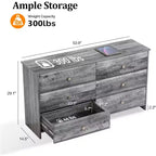 VINGLI Washed Gray Dresser, 6 Drawer Dresser, 53.9 Long Dresser with Textured Drawer Front, Wood Grey Dresser Chest