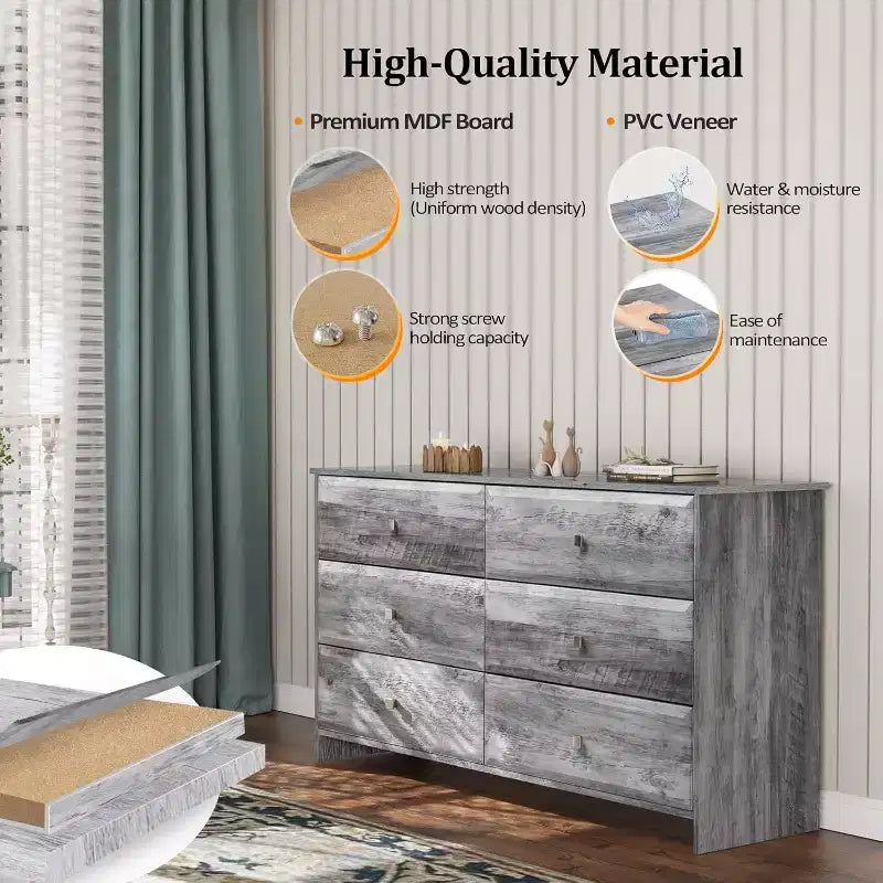 VINGLI Washed Gray Dresser, 6 Drawer Dresser, 53.9 Long Dresser with Textured Drawer Front, Wood Grey Dresser Chest