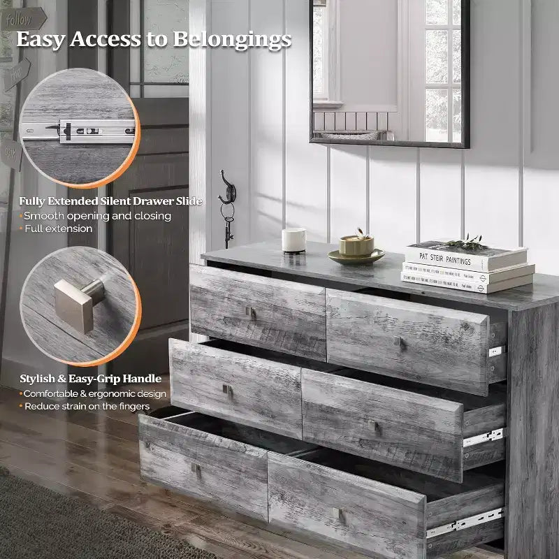 VINGLI Washed Gray Dresser, 6 Drawer Dresser, 53.9 Long Dresser with Textured Drawer Front, Wood Grey Dresser Chest