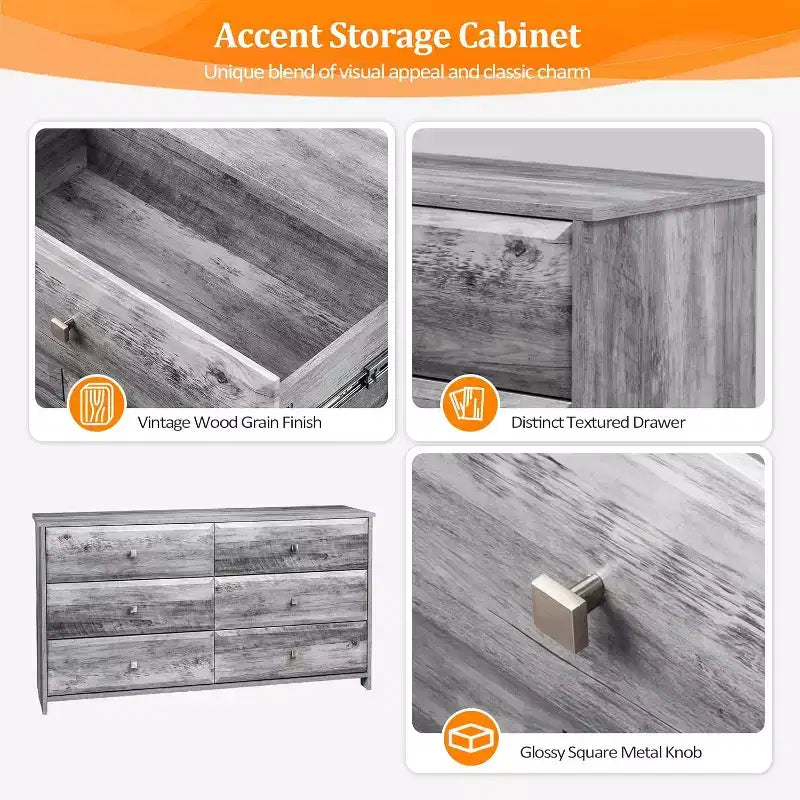 VINGLI Washed Gray Dresser, 6 Drawer Dresser, 53.9 Long Dresser with Textured Drawer Front, Wood Grey Dresser Chest