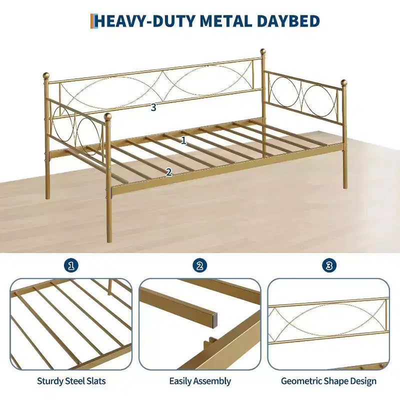 Gold Metal Twin Daybed, Single Bed, Steel Slat Support, Modern Space-Saving Frame