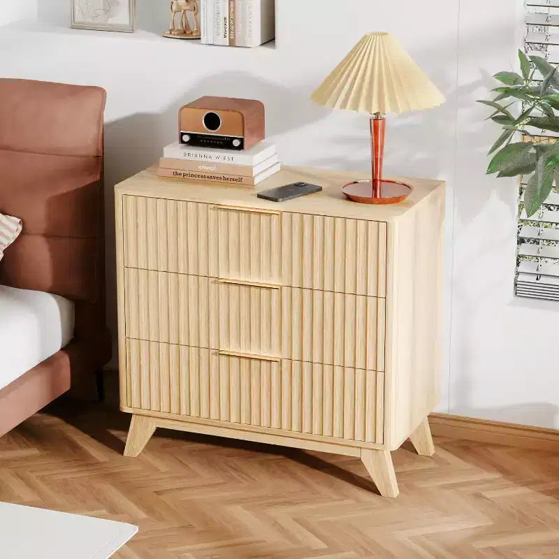 VINGLI 31.5W Tall Nightstand with Drawers, Fluted Nightstand Wood, Mid Century Modern Night Stand 3 Drawer